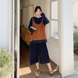 新品休闲条纹背心+针织衫+牛仔裤三件套