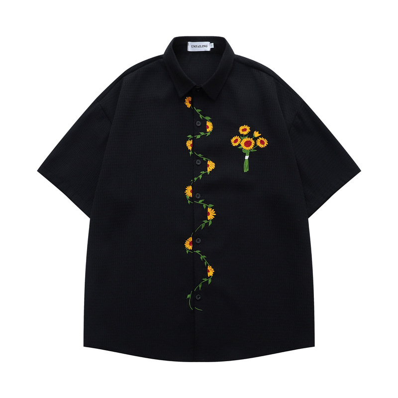 American Retro Sunflower Embroidered Short-Sleeved Shirts for Men and Women, New Summer Waffle Loose Casual Shirts for Couples