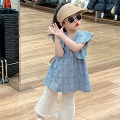 童裝2024夏季韓版 女童小清新格子飛袖娃娃衫 時髦洋氣小心機襯衣