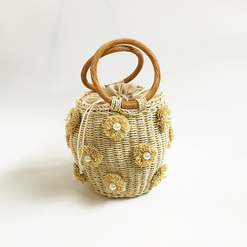 Z New Women's Bag A Flower Artificial Pearl Decoration R Portable Basket Bag Woven Bag Straw Bag Source Manufacturer