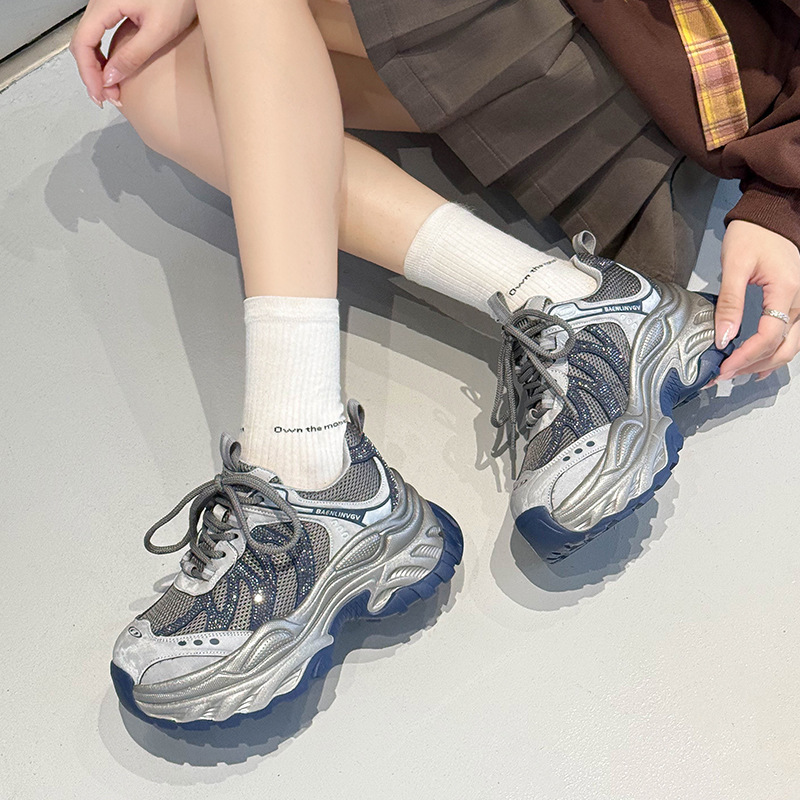 跟高7cm显脚小厚底老爹鞋女2025秋季新款舒适百搭水钻运动休闲鞋|undefined