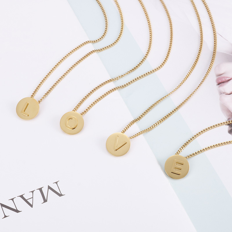 PVD Coated Gold Plating Process 18K Real Gold Plated Plating Material PVD Coated 18K Gold Plated Letter Titanium Steel Simple Style Waterproof Non Tarnish Titanium Steel Pendant Necklace