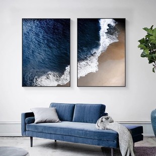 Modern Living Room Background Wall Decoration Frameless Hanging Painting Canvas Core Blue Big Sea Waves Beach Landscape Poster