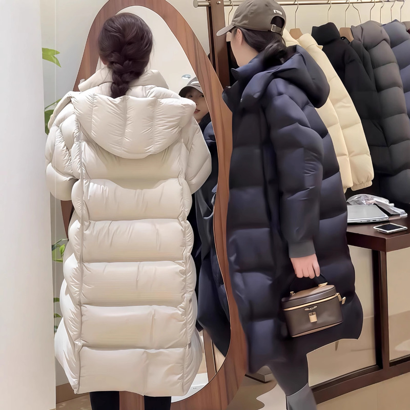 2025 New Winter down Jacket Women's Long Puff Over-The-Knee Korean Style Hooded Thickeneded Simple White Duck down Warm Jacket