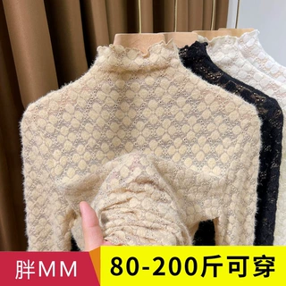 大码蕾丝长袖打底衫女裝胖mm秋冬新款木耳边磨毛内搭网纱t恤上衣