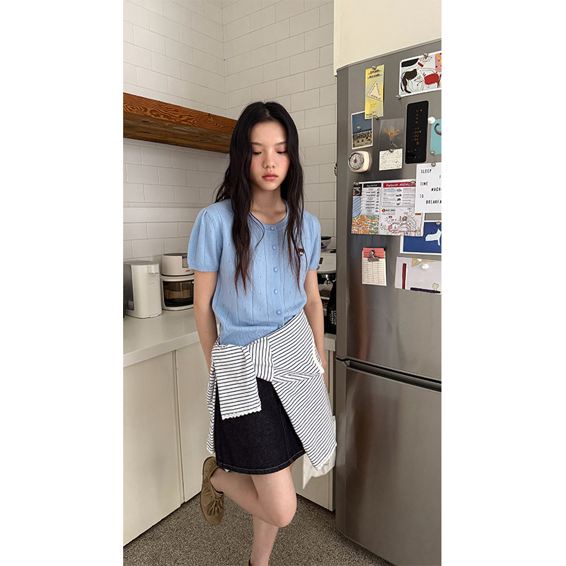 [Clearance, No Returns] Bear Embroidered Short-Sleeve Knitted Sweater Early Autumn Casual Versatile Wool Cardigan Top 19215