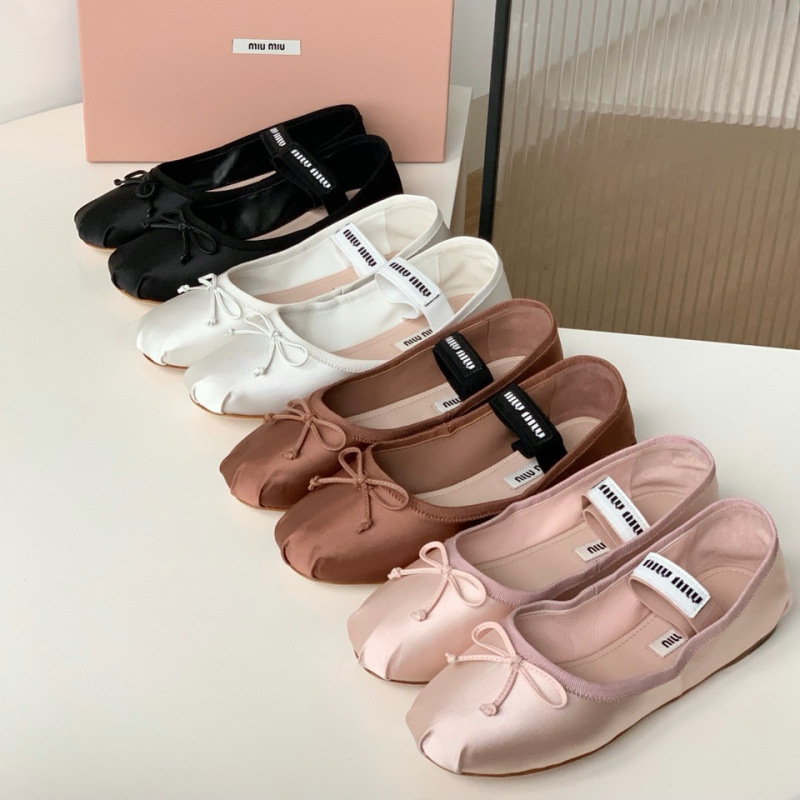 Miu Miu Silk Satin Ballet Shoes for Women 2025 Spring and Summer New Style Bow Mary Jane Flat Shoes