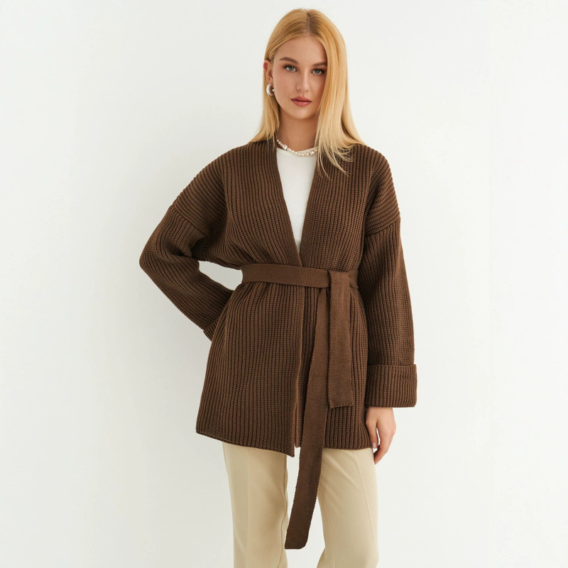 Cross-border European and American style thick-knit lace-up waist-cinching cardigan for women, casual loose V-neck long-sleeve thick sweater coat Cross-border European and American style thick-knit lace-up waist-cinching cardigan for women, casual loose V-neck long-sleeve thick sweater coat