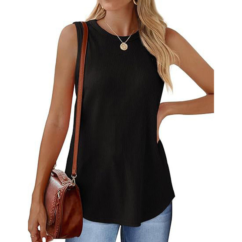 2024 European and American Cross-border New Hot Solid Color All-match Sexy Vest Round Neck Threaded Outer Wear Top T-shirt Women's Clothing