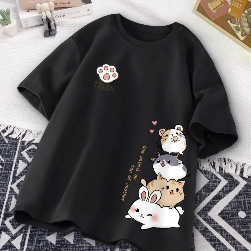 Cross-Border Foreign Trade Loose Cotton T-Shirt for Women, Fresh Cartoon Print Short-Sleeve Breathable Top, Wholesale in Stock Cross-Border Foreign Trade Loose Cotton T-Shirt for Women, Fresh Cartoon Print Short-Sleeve Breathable Top, Wholesale in Stock