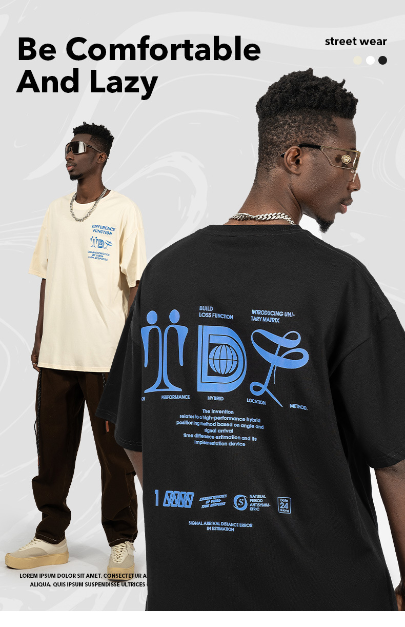 Vyriški trumpomis rankovėmis 220 g pavasario-vasaros medvilniniai laisvi marškinėliai paaugliams su kinišku abstrakčiu spaudiniu_voghion.com