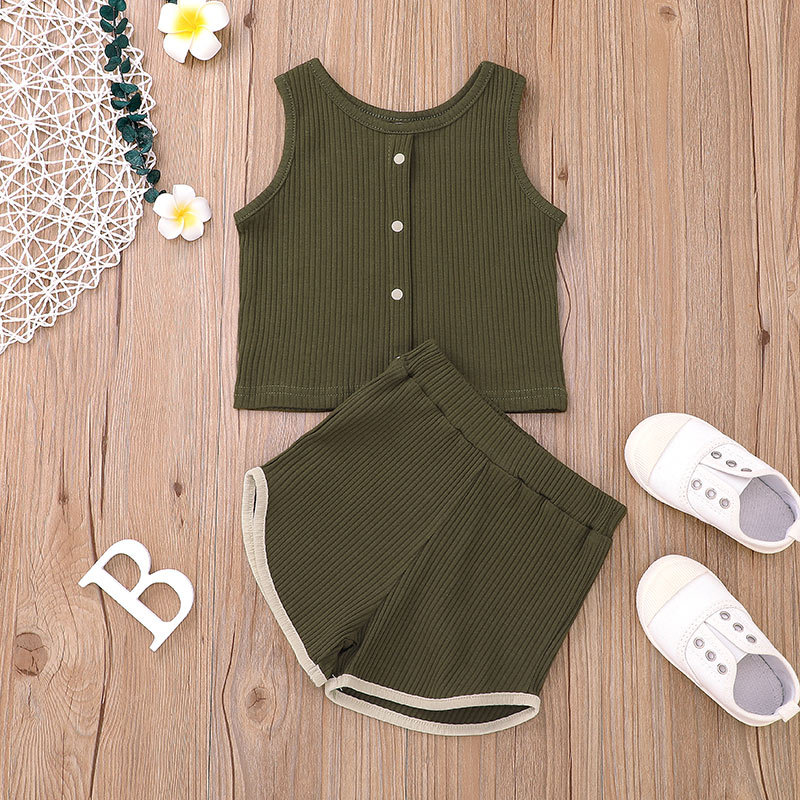 Children's Clothes Korean Fashion Sunken Stripe Suit Children's Solid Color Vest Shorts Two-piece Set Foreign Trade In Stock display picture 11