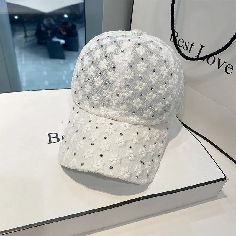 Primavera y verano versátil encaje floral tapa enarbolada Estilo coreano de las mujeres de moda estrellado caliente rhinestone gorra de béisbol protección solar sombrero para el sol