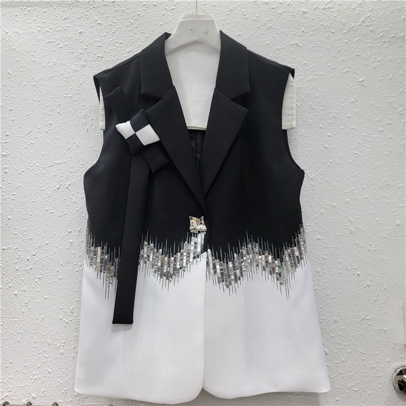 Diseño elegante traje de cuello sequinado bordilla suelta empalme de contraste de color clip de caballo para mujeres 2026 primavera y verano nuevo image 3