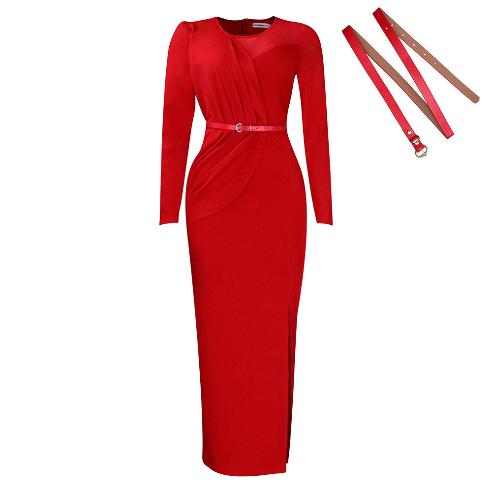 Damen Abendkleid Mit Langarm Und Mesh-einsatz Elegantes Festkleid_voghion.com