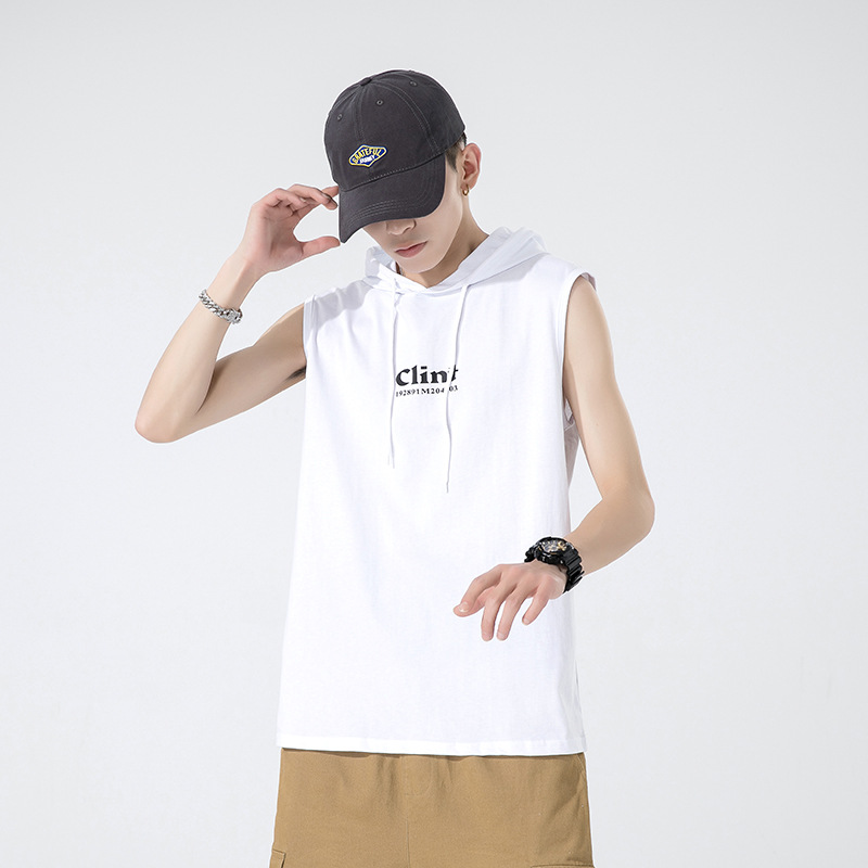 T-shirt canotta in puro cotone di marca trendy per l'estate 2023 senza maniche da uomo con top sportivo con cappuccio per uomo_voghion.com