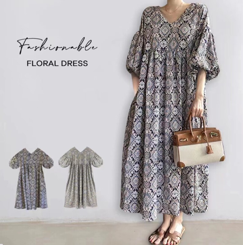 Japanese-Korean Summer Simple Lazy Style Lantern Sleeve Ethnic Style Long V-Neck Loose Stitching Dress Women's Floral