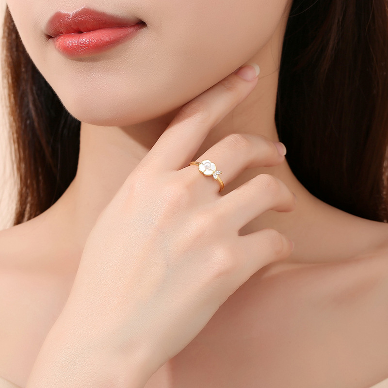 Francés perla Camelia de alto grado abierto anillo femenino de plata esterlina s925 anillo de diseño de nicho femenino moda al por mayor