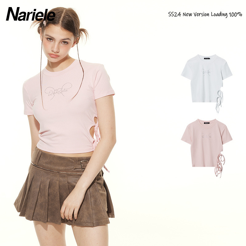 Heyhenry Bm Style New Sweet Asymmetrical Strap Design Hot Diamond Short Top Slim Short-Sleeved T-Shirt for Women