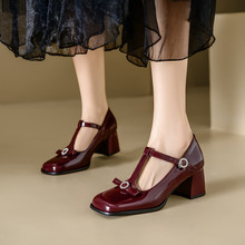 玛丽珍女鞋2024新复古单鞋水钻红黑银粗跟鞋外贸34-45大码中跟鞋