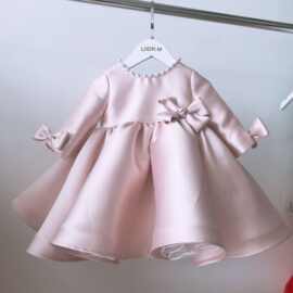 长袖粉色公主裙女童礼服缎面钢琴比赛蝴蝶结蓬蓬裙女宝宝周岁礼服