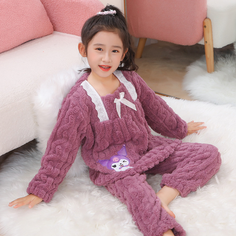 Otoño y invierno niños pijamas de franela niñas más terciopelo grueso coral terciopelo dibujos animados lindos set de ropa cálida para el hogar