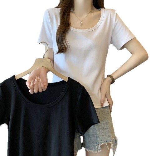 Shoulder Short Sleeve T-Shirt Women Small Size Summer Pure Desire Style Sweet and Spicy Girl Big Neck Pure Color Slimming Top Wholesale 