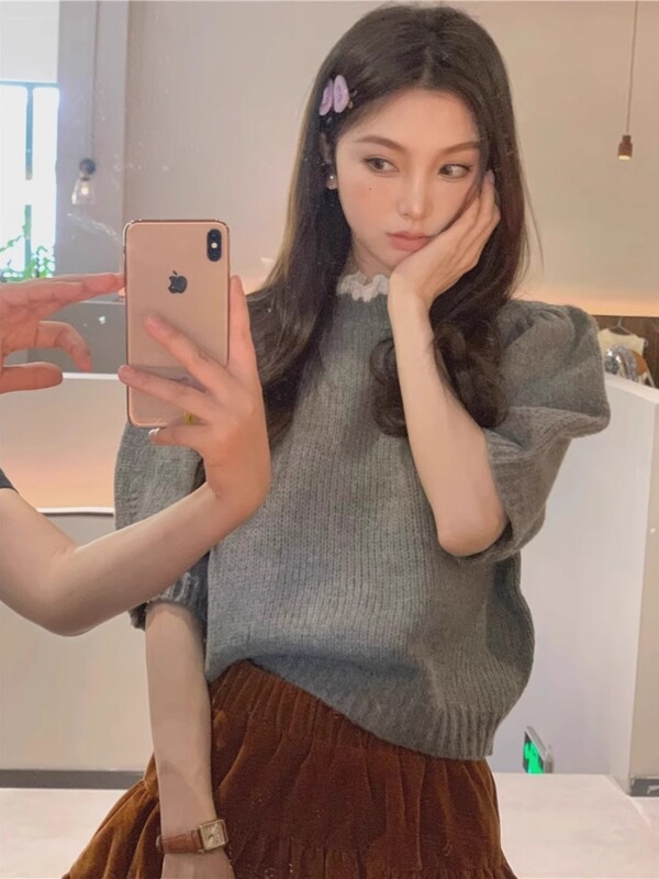蕾丝边半高领针织衫女设计感小众春秋泡泡袖纯欲上衣内搭短袖毛衣|undefined