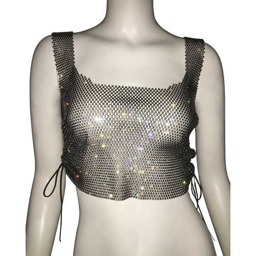 Euro-American chic vest: Cross-border new arrival top—adjustable drawstring design, featuring a mesh base adorned with sparkling rhinestones for a sweet yet bold 