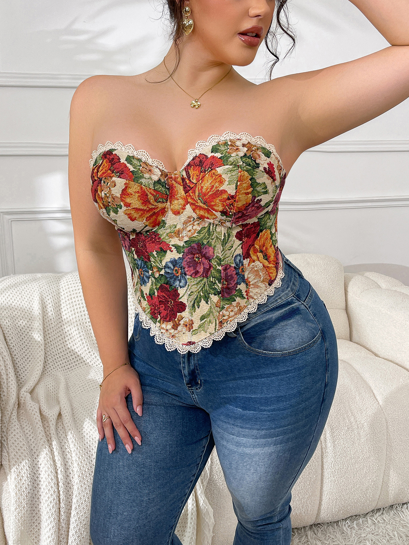 Gran tamaño retrógrado corsé de hueso de pescado francés cruzado sexy chaleco de flores envueltas en el pecho correa superior nueva moda de mujer