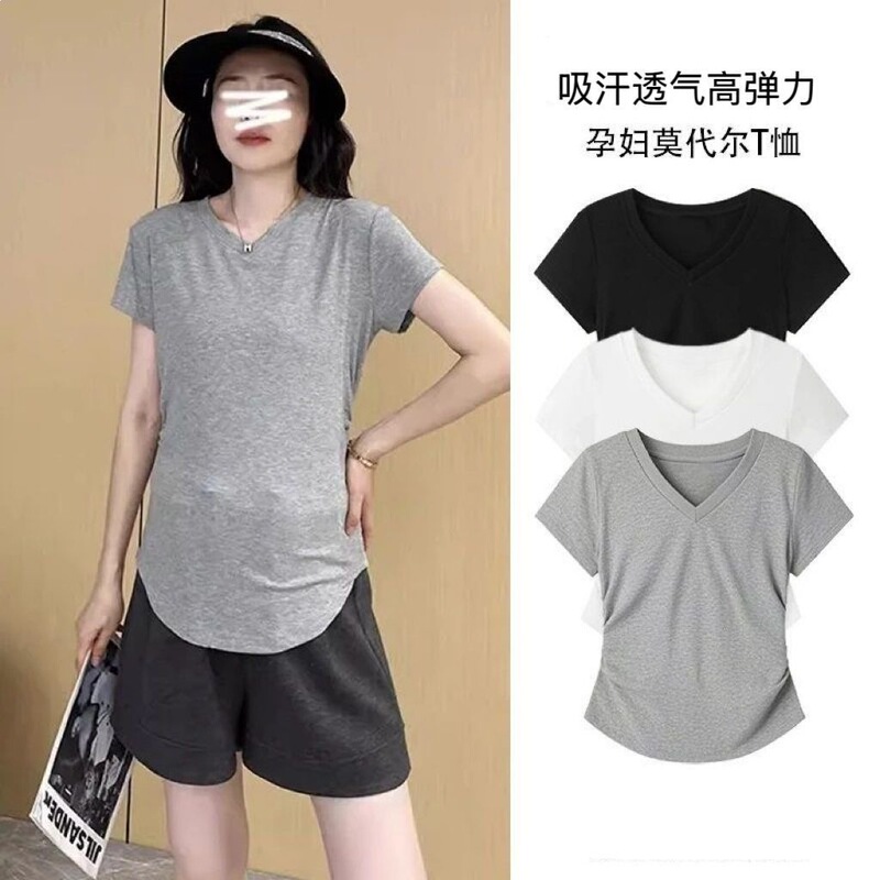Breathable and Sweat-Absorbent Summer Modal High-Elasticity Flutter Sleeve V-Neck Slimming Casual T-Shirt for Pregnant Women Breathable and Sweat-Absorbent Summer Modal High-Elasticity Flutter Sleeve V-Neck Slimming Casual T-Shirt for Pregnant Women