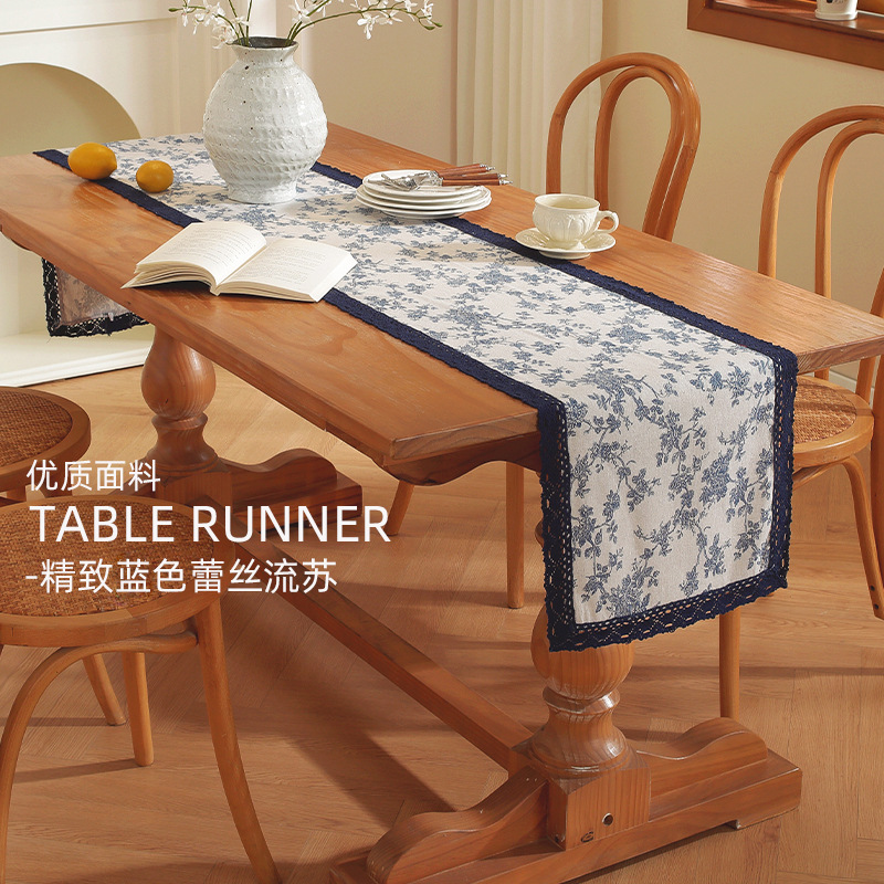 复古青花瓷棉麻桌旗茶旗餐边柜鞋柜防尘盖巾长条桌布工厂跨境批发