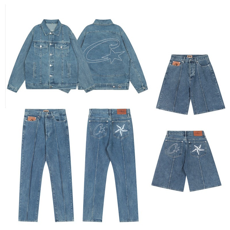 Corteiz Trendy Casual Suit High Street Unisex Couple Embroidered Denim Jacket and Jeans Corteiz Trendy Casual Suit High Street Unisex Couple Embroidered Denim Jacket and Jeans
