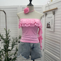 Real shot of irregular ruffled sleeveless tube top for hot girls slim-fitting short lace-up halter neck flower top 9910