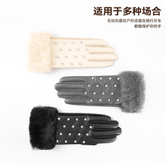 跨境贸易冬女士新款铆皮女皮手套时尚仿兔毛加绒加厚外贸皮手套厂