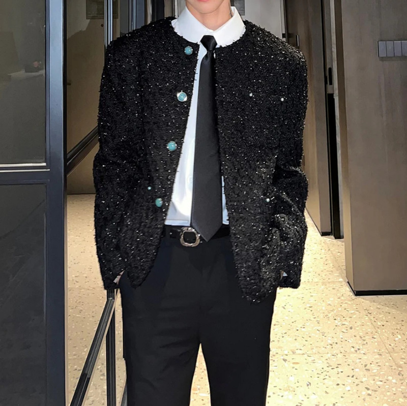 [Same Style as Bai Jingting] Turquoise Buckle Chanel-Style Collarless Jacket in Black 26Ss High-End Unisex Jacket