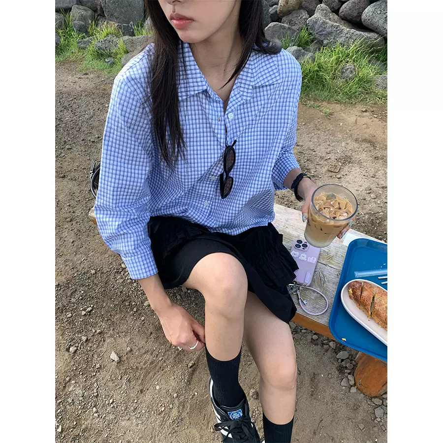 黄峥法式复古蓝色格子条纹POLO领衬衫衬衫宽松休闲上衣女530719