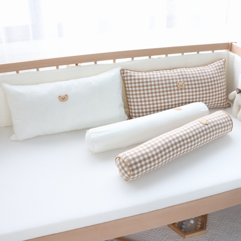 圆柱枕ins韩系纯棉小熊刺绣床头靠枕婴儿安抚枕圆柱枕可拆洗含芯