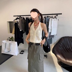 ル・ルージュ 周美美の午後の女の子の休暇 ベージュの中空ニットジャカード ノースリーブホルターネックベスト