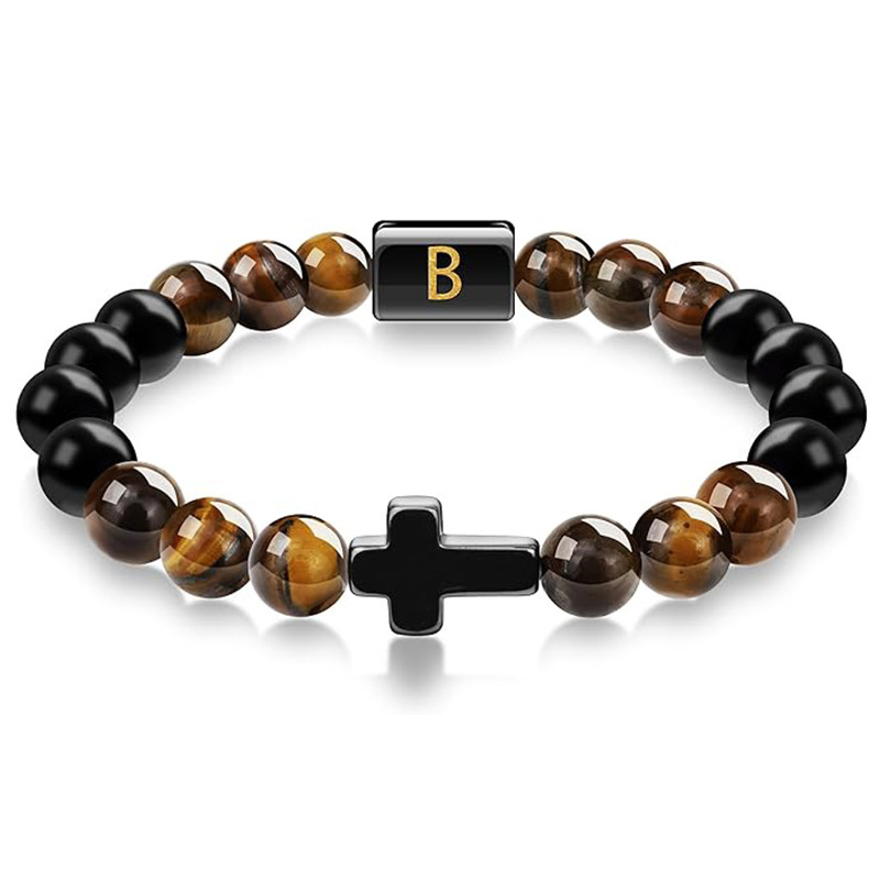 Fashion A- Z English Letter Bracelet Natural Tiger Eye Cross Bracelet Frosted Stone Beaded Name Bracelet
