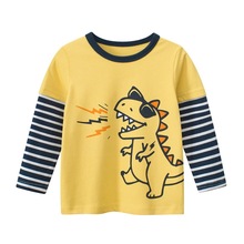 27kids跨境童装春季新款2025 儿童长袖T恤男还假两件恐龙一件代发