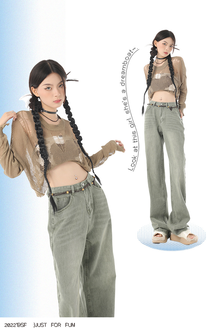 2022 New Korean niche washed retro green wide-leg jeans for women, versatile straight-leg loose jeans, trendy INS pic 10