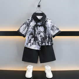 儿童国风墨画盘扣男童花衬衫套装五一出游六一幼儿园大班毕业拍照