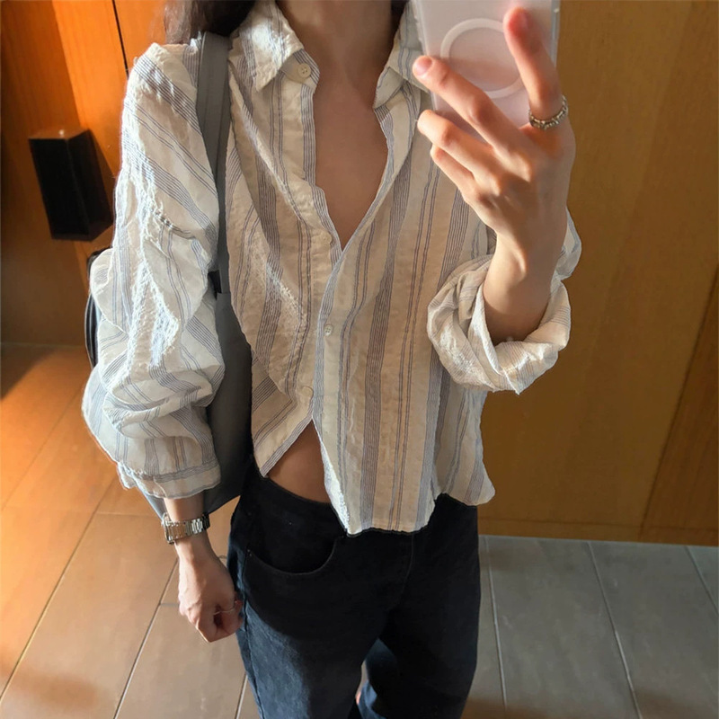 The Same Style as Baby Jiang's Natural Texture Sheer Blue Striped Shirt, Korean Designer Women's Loose-Fitting Korean-Style Top