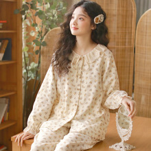 秋冬季新款全棉磨毛绒布甜美印花女士开衫花边家居服套装睡衣可外