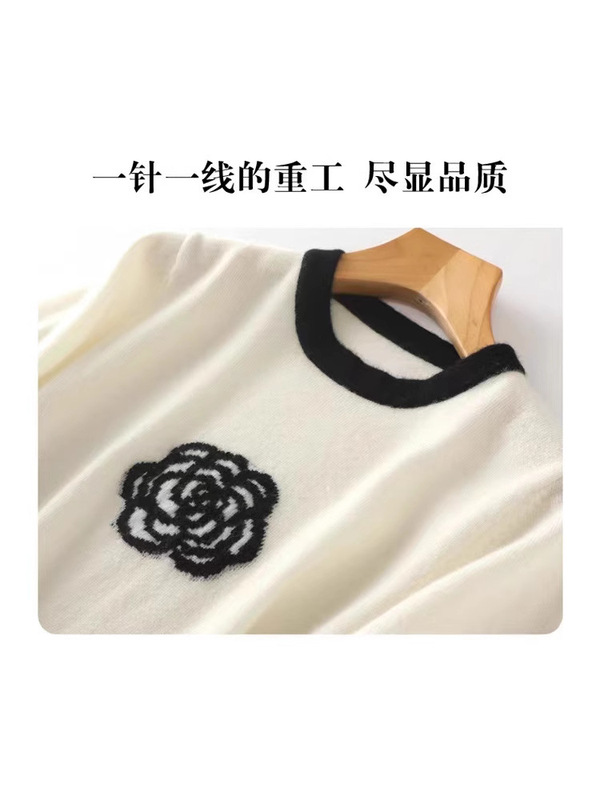 2025新款夏休闲上衣短袖羊绒针织衫女小香风气质t恤花朵|undefined