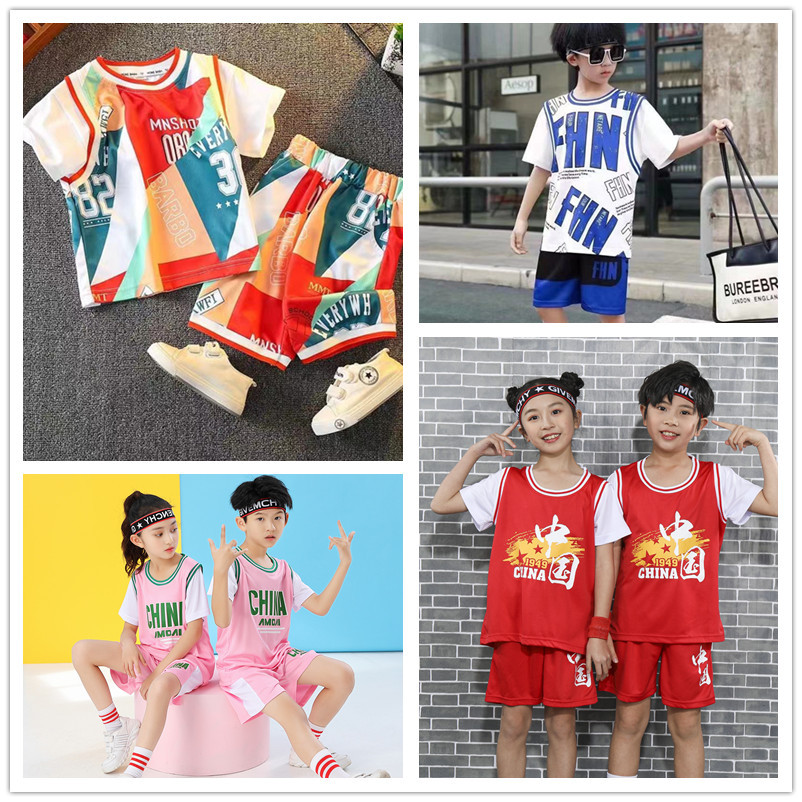 儿童篮球服套装短袖假两件速干衣批发球衣男女童中小学比赛训练服