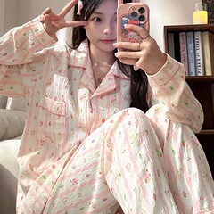 跨境睡衣女春秋云朵棉翻领开衫学院风长袖宽松甜美可爱家居服套装