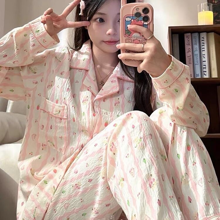 跨境睡衣女春秋云朵棉翻领开衫学院风长袖宽松甜美可爱家居服套装|undefined