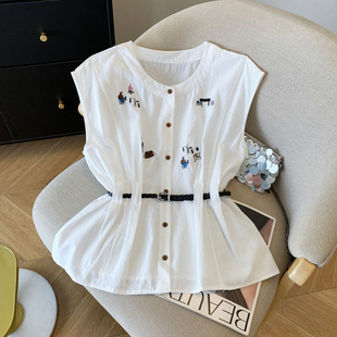 Korean Style Fashionable Embroidered Pattern Sleeveless Shirt for Women Summer 2025 New Design Waist Slimming Casual Top